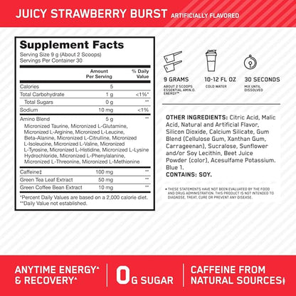 Optimum Nutrition Amino Energy - Pre Workout with Green Tea, BCAA, Amino Acids, Keto Friendly, Green Coffee Extract, Energy Powder - Juicy Strawberry Burst, 30 Servings (Packaging May Vary)
