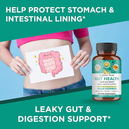 Organic Veda Gut Health Supplement - Leaky Gut Repair Capsules with Papaya Digestive Enzymes, Prebiotics, L-Glutamine, Turmeric - Support Bowel Movement & Cleanse Colon - 120 Count