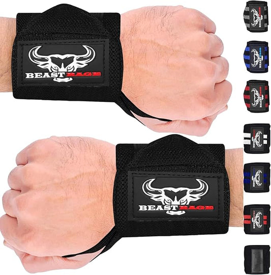 BEAST RAGE Wrist Wraps for Weightlifting - Adjustable Lifting Straps With Thumb Loop for Enhanced Gym Support, Powerlifting, Bodybuilding and Workout