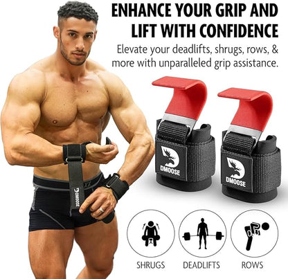DMoose Fitness Weight Lifting Hooks (Pair) for Deadlifts, Pull Ups & Shrugs - 500 Lbs Capacity, Thick Wrist Padding - Heavy Duty Gym Workout Grips Straps for Men and Women