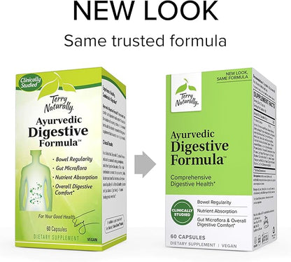 Terry Naturally Ayurvedic Digestive Formula - 60 Capsules - Promotes Bowel Regularity, Gut Microflora & Nutrient Absorption - Non-GMO, Vegan, Gluten Free - 30 Servings