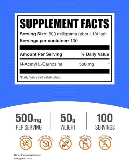 BulkSupplements.com N-Acetyl L-Carnosine Powder - Carnosine Supplement, N-Acetyl Carnosine 500mg - Gluten Free, 500mg per Serving, 50g (1.8 oz) (Pack of 1)