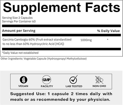 Pure Garcinia Cambogia Extract Supplement 500mg - 100% Natural HCA Extract Concentrated to 60% - Supports Healthy Digestion and Metabolism - 120 Capsules