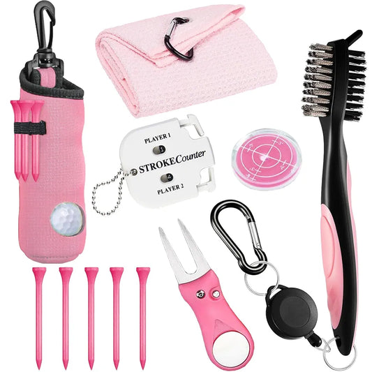 11 Pcs Golf Accessories Kit, Include Golf Tees Golf Towel Golf Ball Bag with Hook Cleaner Brush Golf Ball Marker Golf Divot Tool Golf Score Counter