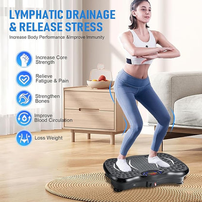 Vibration Plate Exercise Machine,Whole Body Workout Equipment for Weight Loss,Lymphatic Drainage Machine,Gyms Workout with Adjustable Speeds and Resistance Bands,Compact Vibration Platform for Home