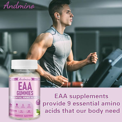 EAA Gummies 7500 mg, BCAA Gummies with Trehalose, Amino Acids Supplement for Muscle, Immune, Nervous & Digestive Health, for Adults & Kids, Non-GMO, Vegan, Gluten Free, Apple Flavor, 120