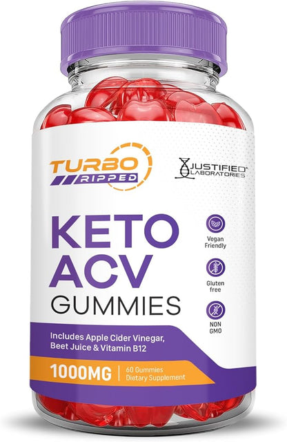 (5 Pack) Turbo Ripped Keto ACV Gummies Advanced Formula 1000MG Turbo Ripped Keto Gummies Apple Cider Vinegar Formulated with Pomegranate Beet Juice Powder B12 Vegan Non GMO 300 Gummys