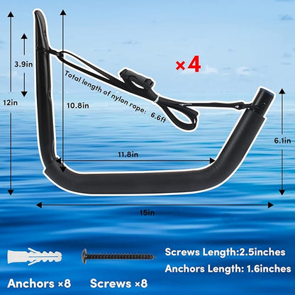 Kayak Storage Rack,Kayak Rack for Garage,Kayak Wall Mount Kayak Wall Rack with Nylon Straps,Heavy Duty Kayak Hanger Kayak Hook Suitable for Kayaks and SUP Paddle Board(4Pack,6 Colors)