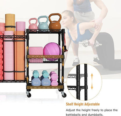 Home Gym Storage, 3 Tiers Workout Equipment Organizer with Wheels for Yoga Mats, Foam Roller, Dumbbells, Kettlebells, and Resistance Bands
