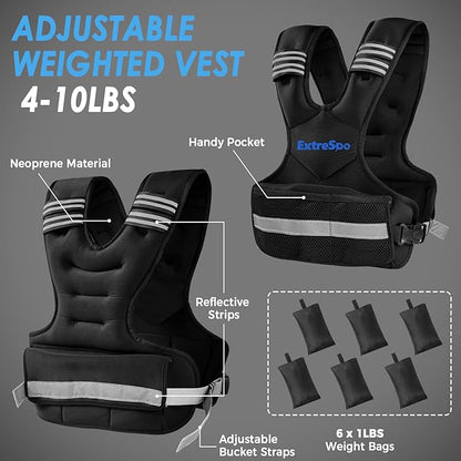 Adjustable Weighted Vest for Women and Men, 4-10lb/11-20lb/20-32lb Weight Vest with 6 Ironsand Weights, Body Weight Vest Exercise Set with Reflective Strip for Strength Training and Workout