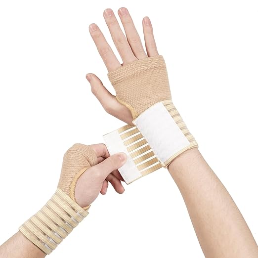 Wrist Brace, 2 Pack Elastic Wrist Support with Strap, Wrist Compression Wrap Adjustable Wrist Strap Relieves Wrist Pain, Tendonitis, Sports Use for Men and Women, Right & Lef(cream color)
