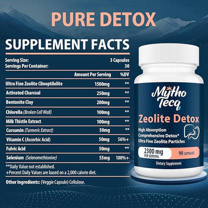 2300 MG Zeolite Detox Capsules - Activated Charcoal & Bentonite Clay, Highly Absorbable Full Body Detox, Liver & Gut Detox Cleanse, Zeolite Clinoptilolite for Heavy Metal Detox （90 Capsules）