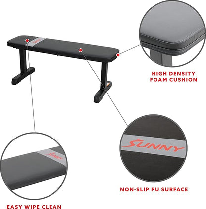 Sunny Health & Fitness Flat Weight Bench Optional Dumbbell Rack for Strength Training, Full Body Workout, Exercise, Home Gym