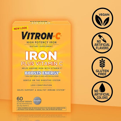 Vitron-C Iron Supplement, Once Daily, High Potency Iron Plus Vitamin C, Support Red Blood Cell Production, Dye Free Tablets, 60 Count, 2 Pack