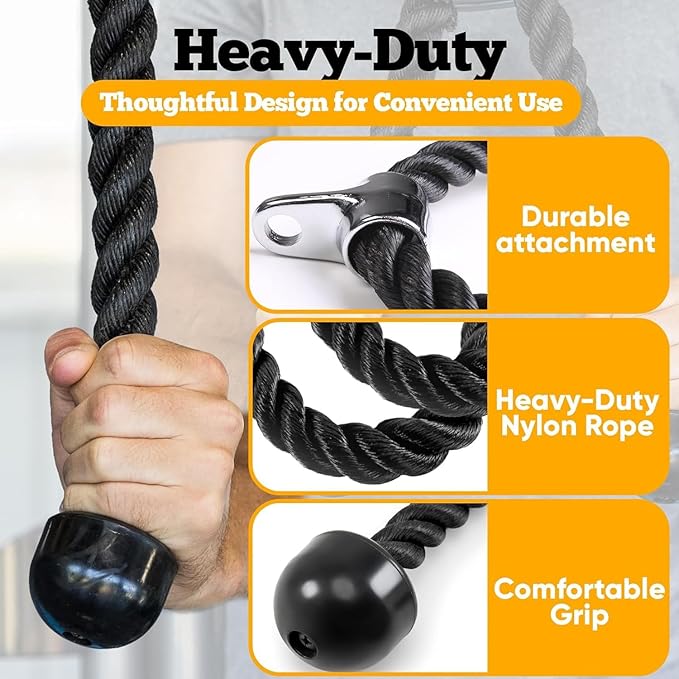 Double Length Tricep Pull Down Rope - 54 Inches Attachment for Cable Machine - Heavy Duty Long Tricep Pull Down Rope