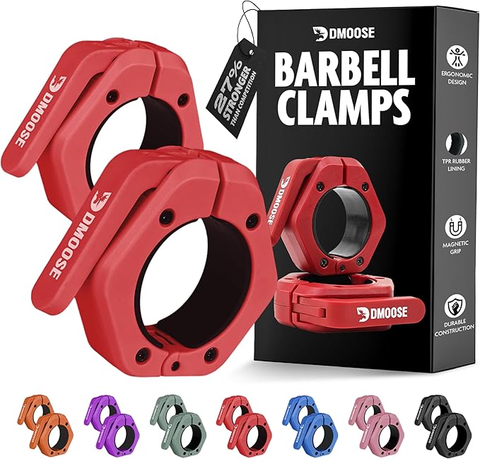 DMoose Fitness Barbell Clips 2" (Pair) - Quick Release Olympic Barbell Clamps & Collars with Anti Slip TPR Lining for Secure Weightlifting & Powerlifting - Weight Clips for Bars at Home or Gym
