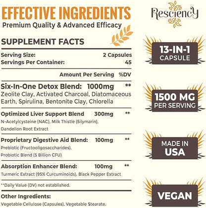 1500 MG Detox Binder Supplement – Activated Charcoal, Zeolite, Bentonite Clay – Liver & Gut Detox Cleanse, Toxin Flush, Digestive, Max Absorption, 180 Vegan Capsules