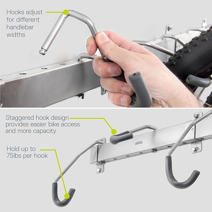 Garage Bike Rack Wall Mount Rail Rack by Delta Cycle - Bike Hangers for Garage - Bike Storage Rack for MTB, Road & Ebike - Holds up to 300 lbs - Fully Adjustable Staggered Hook Design