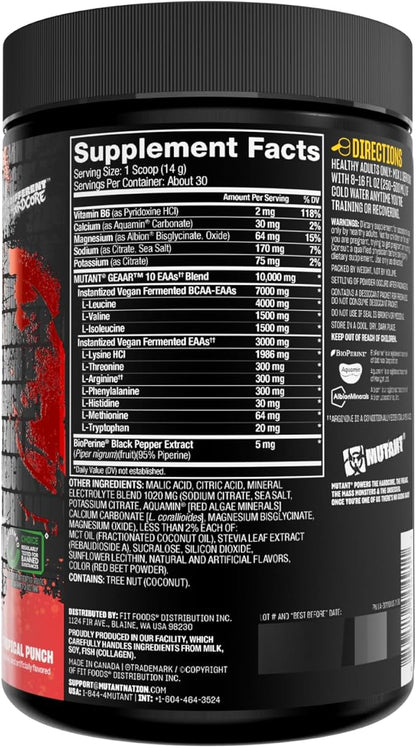 Mutant GEAAR - 9.4g of EAA Powder + Arginine, 7g BCAAs, 4g Leucine, Electrolytes, Coconut Water, 30 Servings - Fruit Punch