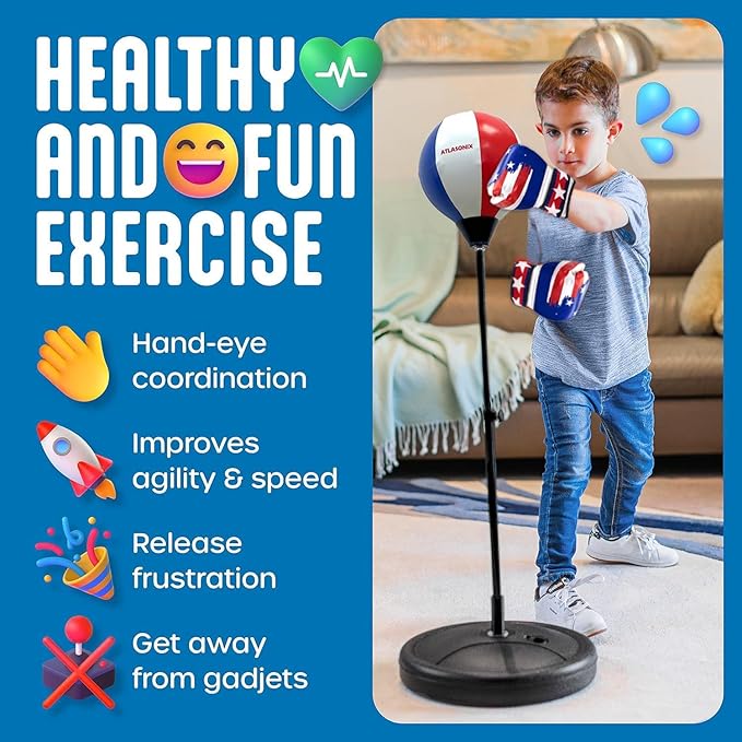 Standing Punching Bag for Kids 8-12, Boxing Set with Gloves - Fun Karate Ninja Games - Birthday for Boys & Girls - Indoor Outdoor Boxing Equipment - Guantes de Boxeo para Niños