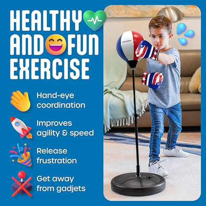 Standing Punching Bag for Kids 8-12, Boxing Set with Gloves - Fun Karate Ninja Games - Birthday for Boys & Girls - Indoor Outdoor Boxing Equipment - Guantes de Boxeo para Niños