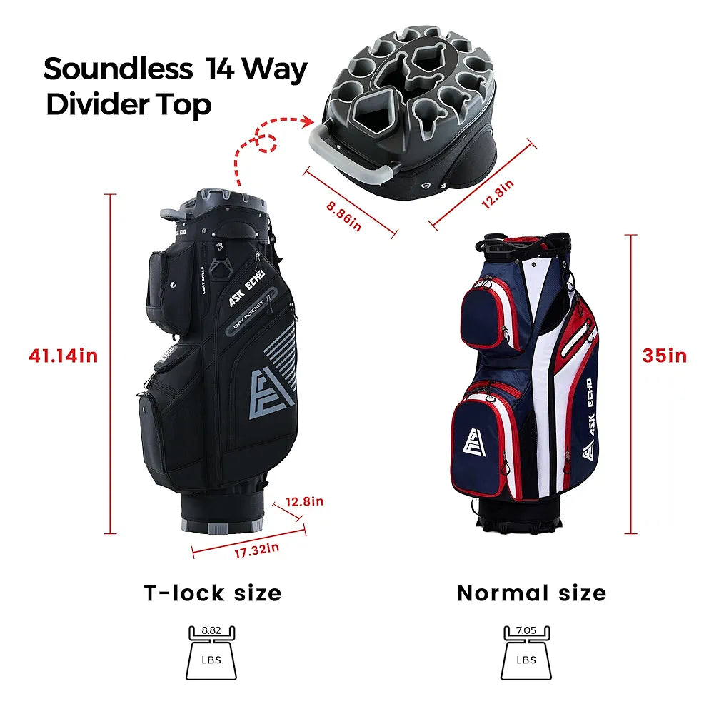 ASK ECHO 2024 T-Lock Golf Cart Bag with 14 Way Organizer Divider Top, Premium Cart Bag with Handles and Rain Cover, for Men