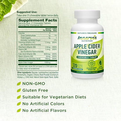 Apple Cider Vinegar 120 Chewable Tablets Healthy Heart Immune Support Energy Production Supplement
