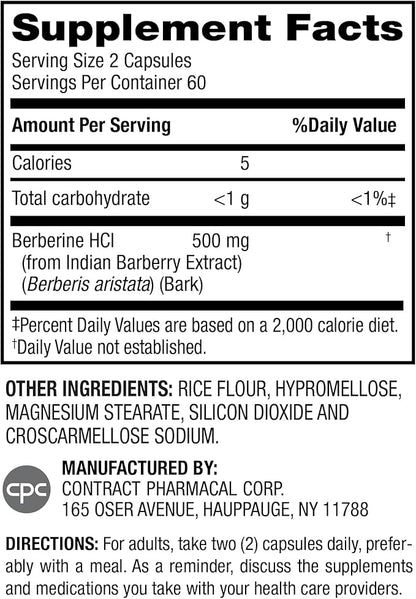 Earth's Splendor Berberine 500mg Capsules, Dietary Supplement, Supports Sugar Metabolism (120ct Bottle, 2 Month Supply) Non-GMO, Vegan-Friendly