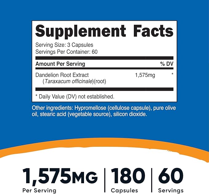 Nutricost Dandelion Root 525mg, 180 Capsules (3 Bottles) - 1575mg Serving, Non-GMO, Gluten Free