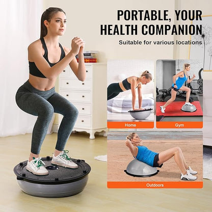 VEVOR Half Exercise Ball Trainer, 23/26 inch Balance Ball Trainer, 1500lbs Capacity Stability Ball, Yoga Ball with Resistance Bands & Foot Pump, Strength Fitness Ball for Home Gym Full Body Workout Black