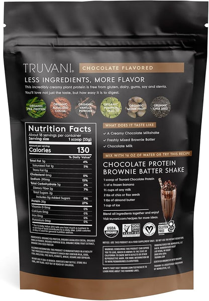 Truvani Vegan Pea Protein Powder | Chocolate | 20g Organic Plant Based Protein | 18 Servings | Keto | Gluten & Dairy Free | Low Carb | No Added Sugar