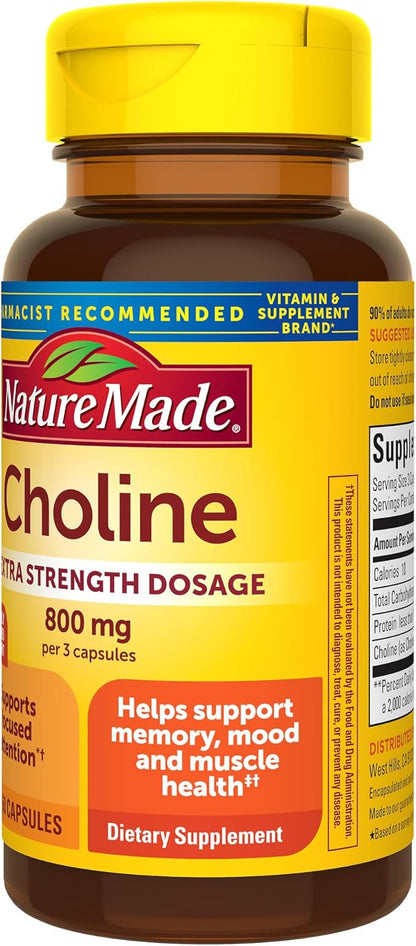 Nature Made Extra Strength Dosage Choline Supplements 800 Mg Per 3 Capsules, Brain Health, Mood, Muscle & Liver Support, Vegetarian, 60 Capsules, 20 Day Supply