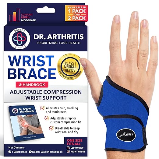 Doctor Developed Wrist Brace - Wrist wrap for Carpal Tunnel Arthritis,Tendonitis, Hand Support - Ideal for Fitness, Weightlifting - Handbook included (Blue, 1 Pack)