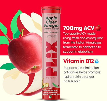PLIX Apple Cider Vinegar Effervescent Tablets with The Mother, 700mg ACV with VIT B12, B6, Pack of 4 | Vegan, No Added Sugar, Non-GMO & Gluten-Free