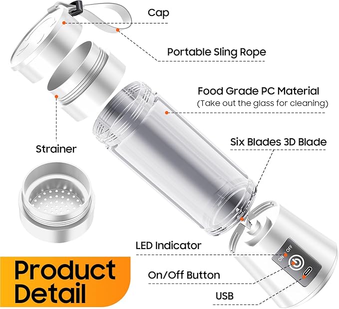 Portable Personal Size Mini Blender - 2025 Upgraded Cordless Blender for Smoothies & Shakes, Type-C Rechargeable, 380Ml Traveling BAP Free Juicer Cup for Sports/Travel/Home, 20000Rpm/Min Speed
