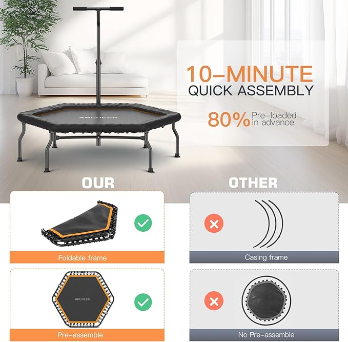 ANCHEER 50" Rebounder Trampoline for Adults With Bar, 550 LBS Mini Trampoline Quiet Exercise Bungee Jumping Cardio Trainer Workout