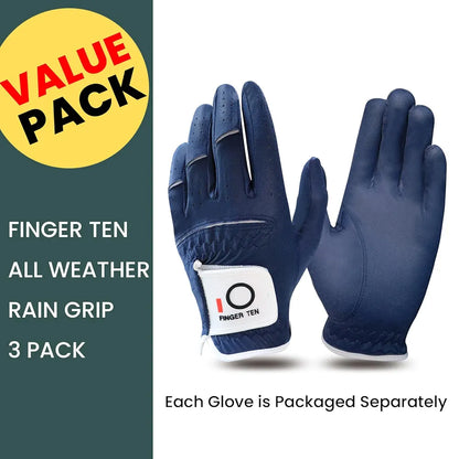 FINGER TEN Golf Gloves Men Left Hand Rain Grip Glove for Right Handed Golfer Value 3 Pack, All Weather Durable Grip Size Small Medium Large XL White Black Blue