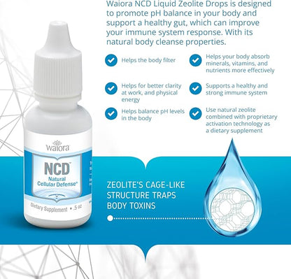 Waiora Natural Cellular Defense (NCD) Liquid Zeolite Drops, Clinoptilolite for Men & Women - Supplement for Immune, Healthy Gut Support, Cleanse, pH Balance (0.5oz Bottle, 4 ct – 360 serv)…