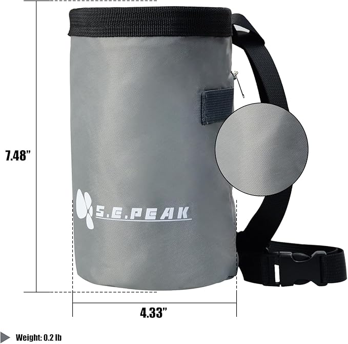 Chalk Bag for Rock Climbing, Chalk Bag with Zippered Pocket,Climbing Chalk Bag,Side Drawstring Closure for Rock Climbing Weight Lifting Gymnastics Workout, Gray