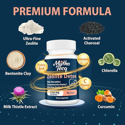 2300 MG Zeolite Detox Capsules - Activated Charcoal & Bentonite Clay, Highly Absorbable Full Body Detox, Liver & Gut Detox Cleanse, Zeolite Clinoptilolite for Heavy Metal Detox （90 Capsules）