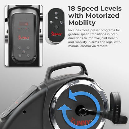 Sunny Health & Fitness Dual Function Under-Desk Bike Trainer, Mini Exercise Machine for Senior Training, Arm/Leg Cardio Cycle Workout, Optional Magnetic, Motorized & Free SunnyFit App Bluetooth Link