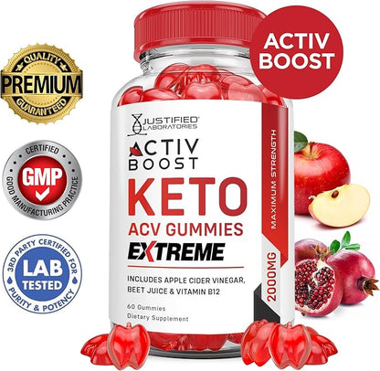 (2 Pack) Activboost Keto ACV Gummies Extreme 2000MG Active Boost Keto Gummies Apple Cider Vinegar Activ Boost Formulated with Pomegranate Beet Juice Powder B12 Vegan Non GMO 120 Gummys