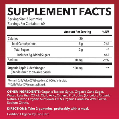 Organic Apple Cider Vinegar Gummies - ACV Gummies to Support Digestive Health and Gut Flora for Digestion - Natural Apple Flavor - 120 Organic, Vegan, and Non-GMO Apple Cider Vinegar Gummies