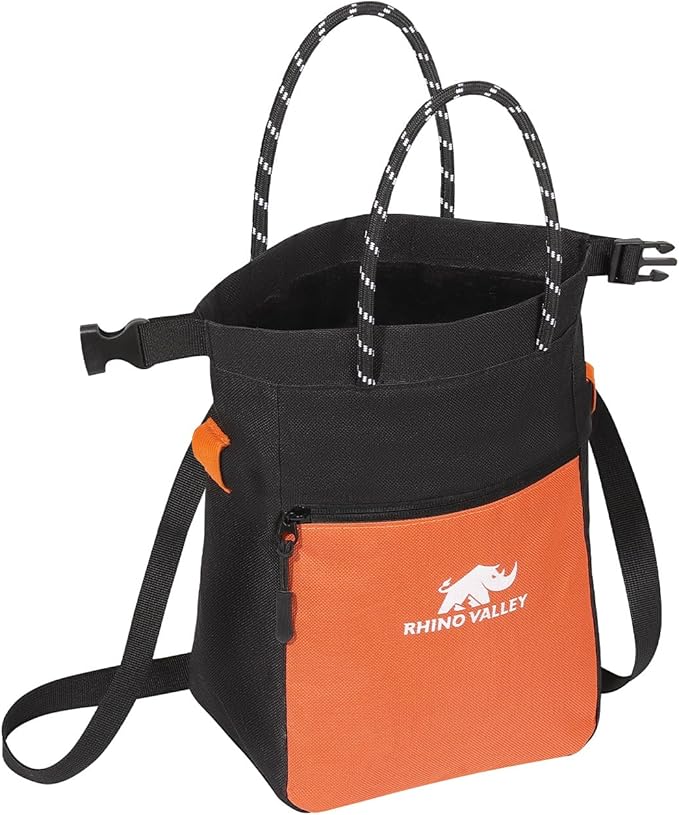 Rhino Valley Chalk Bag for Rock Climbing, No Leak Magnetic Climbing Chalk Bag with Handle, Climbing Chalk Bucket Gear with Adjustable Belt Zipper Pockets for Cross Fit, Weight Lifting