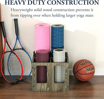 MyGift 4-Slot Vintage Brown Wood Foam Roller Storage Organizer, Wall Mounted or Floor Standing Holder Rack for Yoga Mats and Gym Accessories