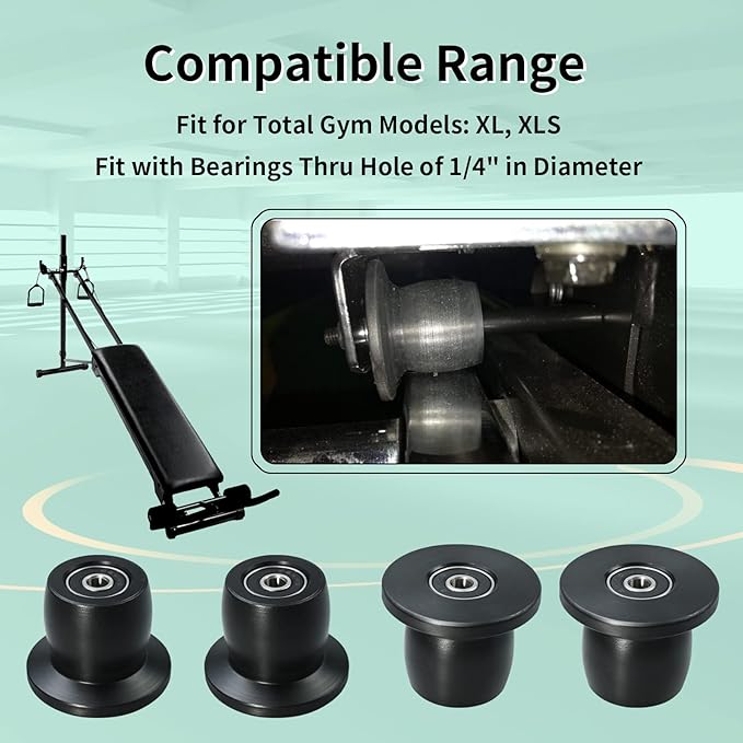 Qty.4 Machined Wheels/Rollers Compatible with Total Gym Replacement, Fits Models XL, XLS, & Fit with Bearings Thru Hole of 1/4'' in Diameter, Black
