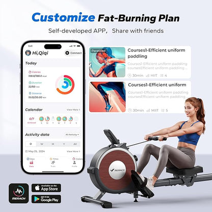 MERACH Rowing Machine, Magnetic Rower Machine for Home, 16 Levels of Quiet Resistance, Dual Slide Rail with Max 350lb Weight Capacity, App Compatible