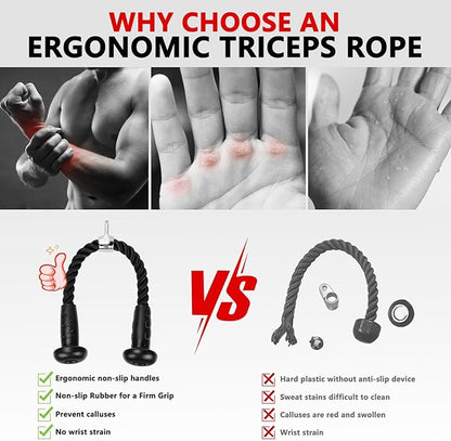 Hikeen Ergonomic Tricep Rope Cable Attachment with Anti-Slippery Rubber Grip,Tricep Pull Down Attachment -Reduces Wrist Pressure and Skin Rubs,Tricep Pull Down Rope for Gym & Home Gym with Carabiner