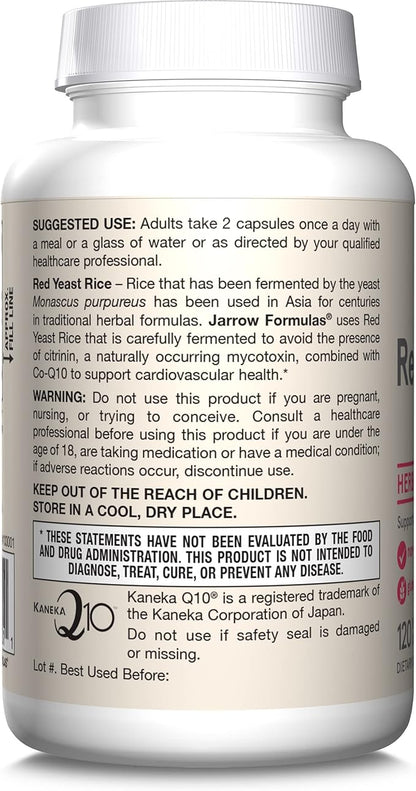 Jarrow Formulas Red Yeast Rice 1200 mg & Co-Q10 100 mg Per Serving - 120 Veggie Caps - 60 Servings - Herbal Heart Health Dietary Supplement - Supports Cardiovascular & Heart Health - Vegan