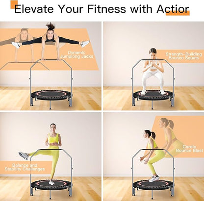 40"/48" Foldable Mini Fitness Rebounder with Adjustable Foam Handle, Max Load 330/440 lbs, Indoor Cardio Exercise Rebounder for Adults
